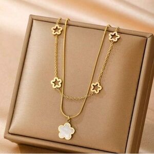 Gold Plated Stainless Steel Flower Pendant Layered Necklace